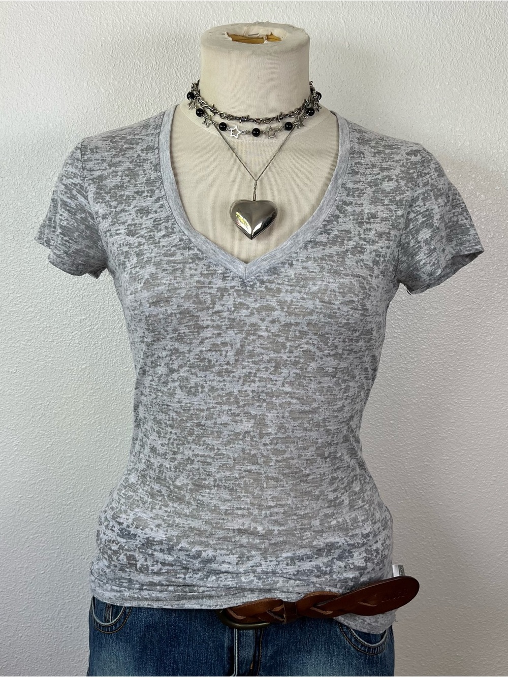 Women’s Grey Marled V-Neck Short Sleeve Top